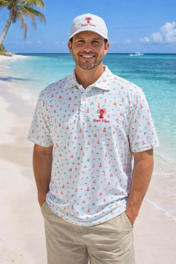 Men’s Hope Town Crawfish Polo – Sailboats and Lighthouses